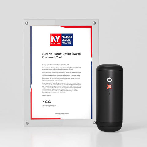 Nuttii&Timemore OX Electric Coffee Grinder Portable Conical Burr Design beside award certificate for 2023 NY Product Design.