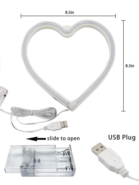Pink Heart Neon Sign With Battery Or USB Power For A Romantic Mood And Cozy Vibes LED Heart Lights showing dimensions and USB plug.