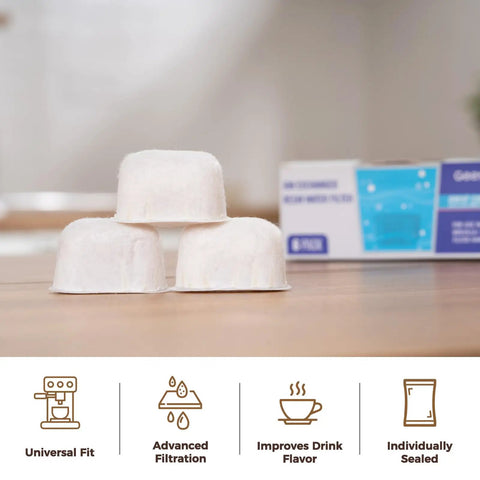 Six Pack Water Filters For BWF100 Replacement With Ion Exchange Resin Inside stacked on table with box nearby