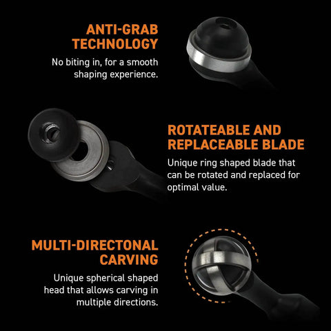 Ball Gouge Attachment for Angle Grinder Pro Grade Power Carving Tool for Hollowing Small Concave Surfaces 30 Millimeter Diameter Self Sharpening Rotatable Replaceable Blade Arbortech BAL FG 2000 with anti-grab technology and rotatable blade features.