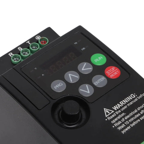 Rock Solid One Point Five KW Variable Frequency Drive For 380 Volt Three Phase Motor With Auto Voltage To Keep Speed Smooth As Butter On Pumps And Lathes Plus Heavy Duty Industrial Build For Tough Shop Grinds And Easy Setup Now. front control panel