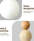 Wabi Sabi Travertine Pendant Light with Wood Ball & Milk Glass Shade, featuring glass lampshade and natural wood and travertine.