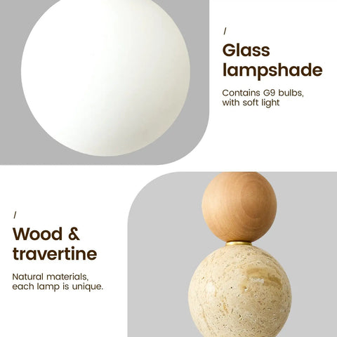 Wabi Sabi Travertine Pendant Light with Wood Ball & Milk Glass Shade, featuring glass lampshade and natural wood and travertine.