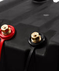 Close-up of terminal studs on Rock Solid Vented Rv Marine Battery Box for Group 24 cells with red and black connections.