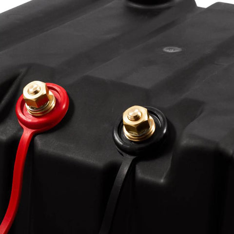 Close-up of terminal studs on Rock Solid Vented Rv Marine Battery Box for Group 24 cells with red and black connections.