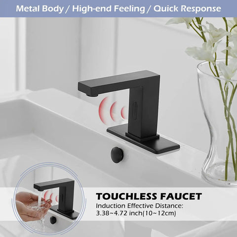 Touchless Bathroom Faucet Matte Black With Motion Sensor Hands Free Sink Faucet For Commercial Or Home Use Modern Single Hole Vanity Tap With Deck Plate Hot And Cold Mixer
