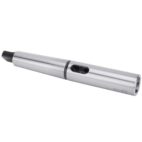 Morse taper drill sleeve adapter MT4 to MT3, precision-ground high-speed steel, silver metal.