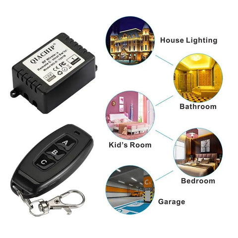 12V DC One Channel 433MHz Wireless Relay Remote Control Kit with transmitter, receiver, and various room applications