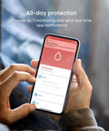 Person holding smartphone showing Smart Water Leak Detector 4 Pack With Zigbee Hub Kits Leak Alarm app interface in hand