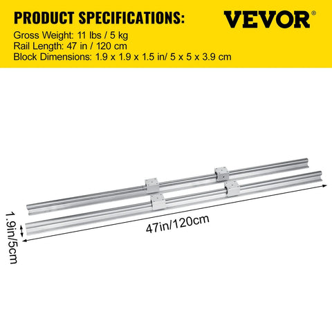 Two 120 cm aluminum SBR20 linear rails with four SBR20UU bearing blocks and mounting brackets