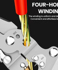 Close-up of 18 In 1 Folding Wire Stripper Pliers showing four-hole winding feature with wires
