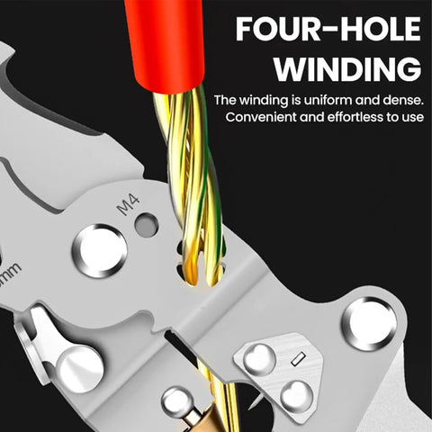Close-up of 18 In 1 Folding Wire Stripper Pliers showing four-hole winding feature with wires