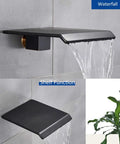 Waterfall tub spout from UMJIGF Concealed Shower System, matte black finish, featuring waterfall and shelf function.