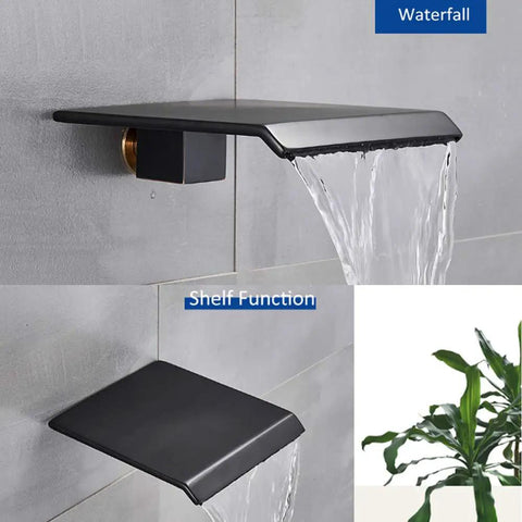 Waterfall tub spout from UMJIGF Concealed Shower System, matte black finish, featuring waterfall and shelf function.