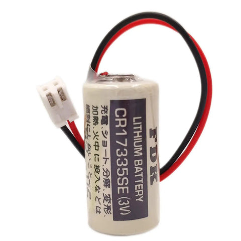 Product image of FDK CR17335SE 3V lithium battery for Epson Robot Controller RC Series, 2/3A size with attached wires.