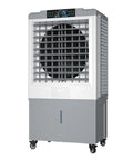 Kick Those Sweltering Days To The Curb With This Portable Swamp Cooler, Housing A Generous Water Tank, 24 Hour Timer, Three Fan Speeds, And Crisp Indoor Outdoor Chill. White and gray portable swamp cooler with large fan