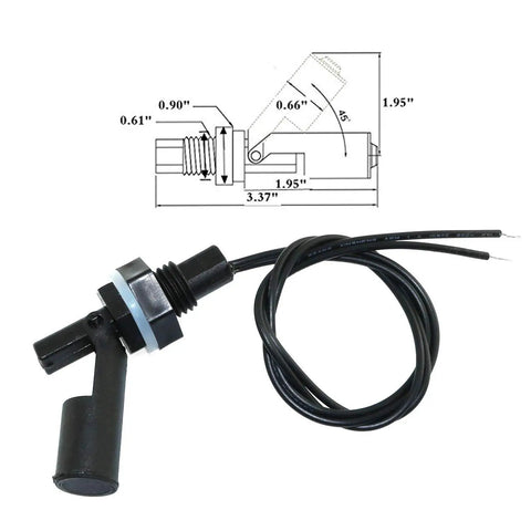 Dual Water Level Sensor Kit Two Pack 110V DC Side Mount Horizontal Liquid Float Switch with dimensions for installation.