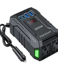 400W Car Power Inverter DC To AC Converter With PD Charging Ports and Dual US Outlets, compact design for road trips.