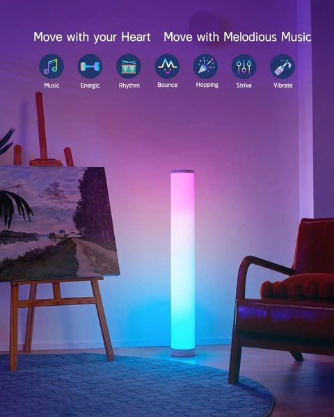 Lit RGBIC Color Changing Floor Lamp 2 Pack With WiFi App And Remote in corner, blue and pink glow, living room setting