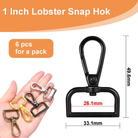 Hella Durable One Inch Zinc Alloy Swivel Snap Hooks With Pro Level Lobster Claw Clasps For Daily Carrying And Crafting Bringing A Crisp Black Feel To Any Project Six Pack displayed with measuring dimensions.