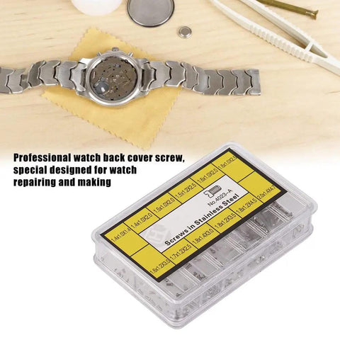 Stainless Steel Watch Case Back Screw Set With 12 Precise Sizes for Pro Grade Watch Repair, box and open watch on table.