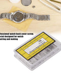 Built Tough Stainless Steel Watch Back Cover Screw Set Featuring 12 Rust Resistant Micro Fasteners And Compact Storage Box for watch repair with assorted screws.