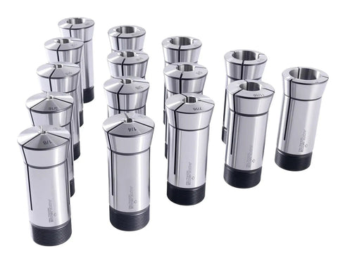 15 Piece 5C Precision Round Collets Set One Eighth To One Inch By Sixteenths Hardened and Ground for Milling Lathe Machining, Shop Ready Pro Grade Ultra Durable with Tight TIR Tolerance 0.0005 Inches, Chuck Protection and High Rigidity., 5C steel round collets set with size markings
