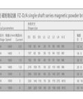 Technical specifications table for Powder Brake FZ25A 25 Nm Single Shaft With Adjustable Torque Heavy Duty Compact Design