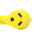 Close-up of yellow 30 Amp RV Power Adapter Cord With 4 Prong Locking Plug NEMA L14 30P To TT 30R RV Extension 12 Inch end