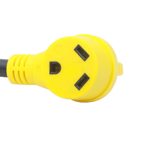 Close-up of yellow 30 Amp RV Power Adapter Cord With 4 Prong Locking Plug NEMA L14 30P To TT 30R RV Extension 12 Inch end