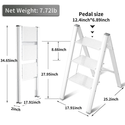 Dimensions of Lightweight Aluminum 3 Step Folding Step Stool With Wide Anti Slip Pedals, 330 Lbs Capacity, in folded and open positions.