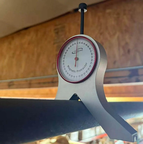 Magnetic Base Dial Protractor With Center Punch And Solid Steel Body, 360 Degree Range In Four 90 Degree Increments on pipe