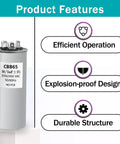 Capacitor Compatible With RV Air Conditioner 50/5uF 5 Percent 370V/450VAC CBB65 shown with features efficient operation, explosion-proof design, durable structure.