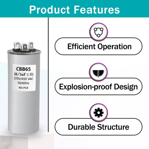 Capacitor Compatible With RV Air Conditioner 50/5uF 5 Percent 370V/450VAC CBB65 shown with features efficient operation, explosion-proof design, durable structure.