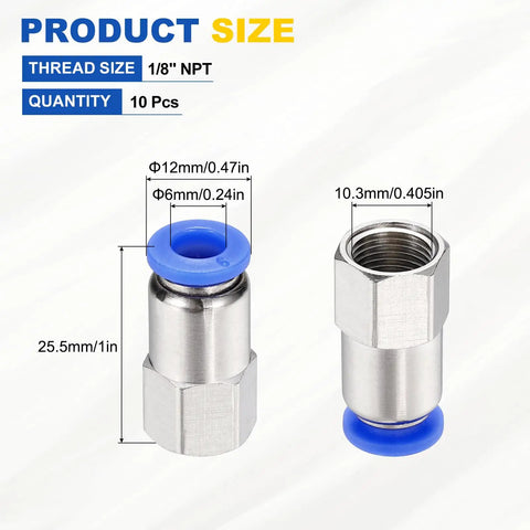 Ten Pack Push-To-Connect Pneumatic Fittings Blue Nickel Plated Brass 0.24 Inch OD Tube 1 Eighth NPT Female Straight Adapter