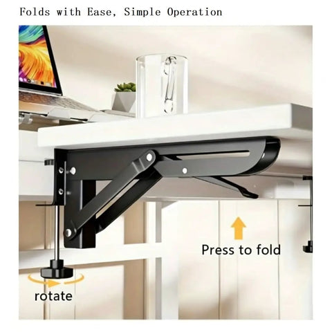 Heavy Duty Foldable Shelf Brackets For Desk Extension Clamps Punch Free Tabletop Mount showcasing black steel support with easy fold operation.