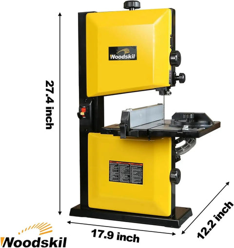 3 Amp 9 Inch Band Saw For Woodworking With 2500 FPM Blade Speed Benchtop Bandsaw, yellow and black, on a steel base with dimensions