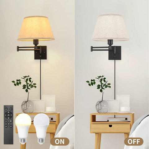 Plug In Wall Sconce With Remote Dimmer And Adjustable Color Temperature 2700K To 6500K, Swing Arm, Beige Fabric Shade on and off