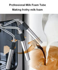 Kickstart Your Daily Grind With This Semi Automatic Espresso Machine Featuring A Five Bar Pressure Pump And Built In Milk Frother For Barista Quality Lattes And Frothy Macchiatos At Home - close-up of professional milk foam tube making frothy milk.