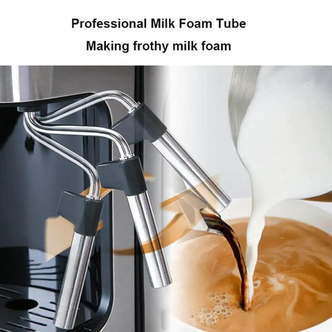 Kickstart Your Daily Grind With This Semi Automatic Espresso Machine Featuring A Five Bar Pressure Pump And Built In Milk Frother For Barista Quality Lattes And Frothy Macchiatos At Home - close-up of professional milk foam tube making frothy milk.