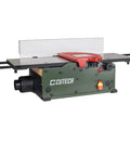 Ten Inch Spiral Cutterhead Benchtop Jointer Built Like A Tank With Heavy Duty Cast Iron Tables And Two Sided Carbide Inserts For Smooth As Silk Woodworking, with red and green design.