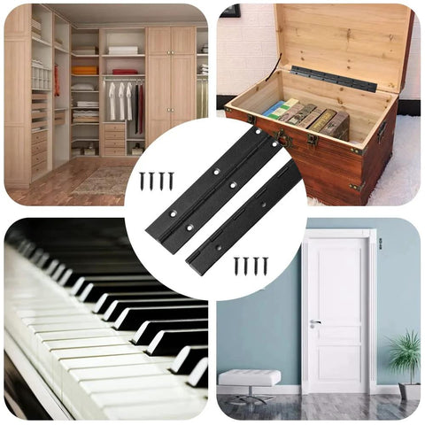 Collage featuring 2 Pack 24 Inch Piano Hinge Stainless Steel Black Heavy Duty 304 Continuous Hinge For Cabinets And Doors In Boats Marine Applications with screws