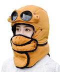 Person wearing bold yellow Winter Hat With Thermal Barrier And Fleece Lining, Insulated Bonnet With Detachable Eye Shield And Windproof Design