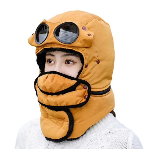 Person wearing bold yellow Winter Hat With Thermal Barrier And Fleece Lining, Insulated Bonnet With Detachable Eye Shield And Windproof Design
