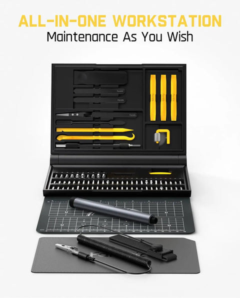 Electric Screwdriver Kit With 64 Magnetic Bits And 12 Precision Tools For Phones, Laptops, Watches; all-in-one workstation layout