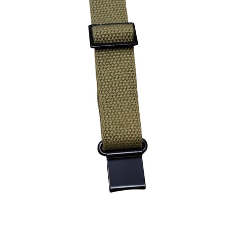 Close-up of Two Point Canvas Rifle Sling In US GI Pattern With One And A Quarter Inch Swivels, OD Green, metal swivel detail