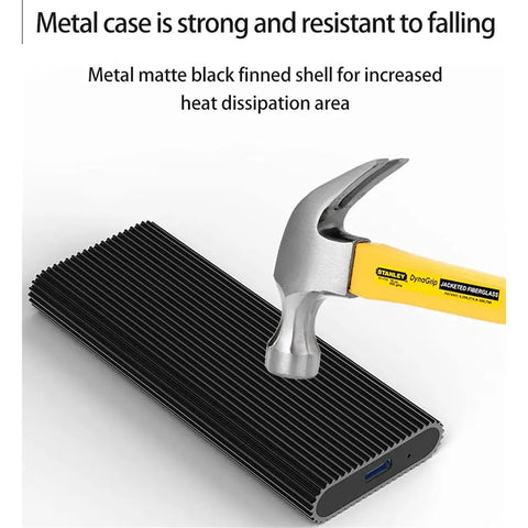 Totally Portable M2 Nvme Ssd Enclosure With Usb Type C External Case showcasing a strong black finned metal shell for heat dissipation.