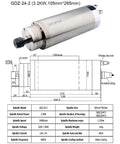 Pro Level Water Cooled Cnc Spindle Motor 800W Up To 3.2Kw Power Er20 Collet 105By265Mm Build with serial data and dimensions
