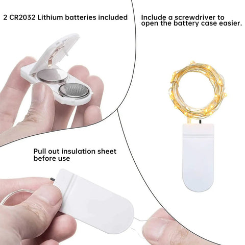 12 Pack Fairy Lights Battery Operated String Lights with open battery case, CR2032 batteries, insulation sheet instructions