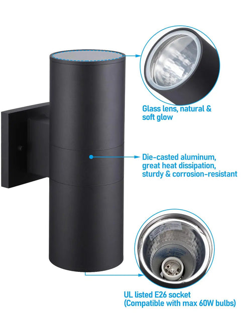 Outdoor Cylinder Wall Lights 12 Inch Up Down Sconce For Porch And Patio Matte Black Weatherproof Aluminum Exterior Light Fixture With E26 Base ETL Certified Pack Of 2 showing glass lens, die-casted aluminum, and UL listed E26 socket.